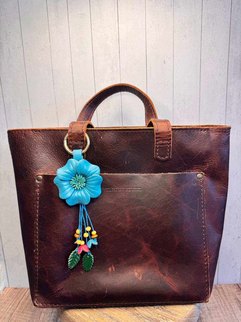 Blue Flower Pansy Purse Charm Genuine Leather Flower Blue Bag Charm FAST SHIP